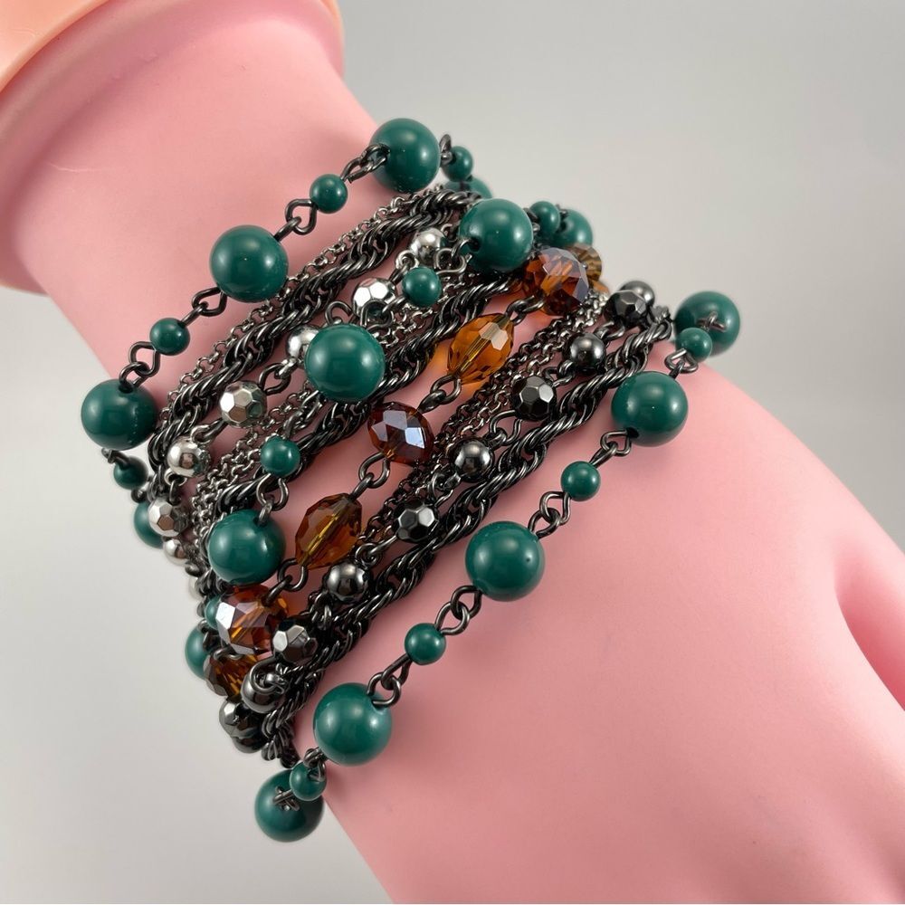 Talbots Acrylic Glass Black Chain Rhinestone Multi Layer Necklace Bracelet Set - Picture 2 of 8
